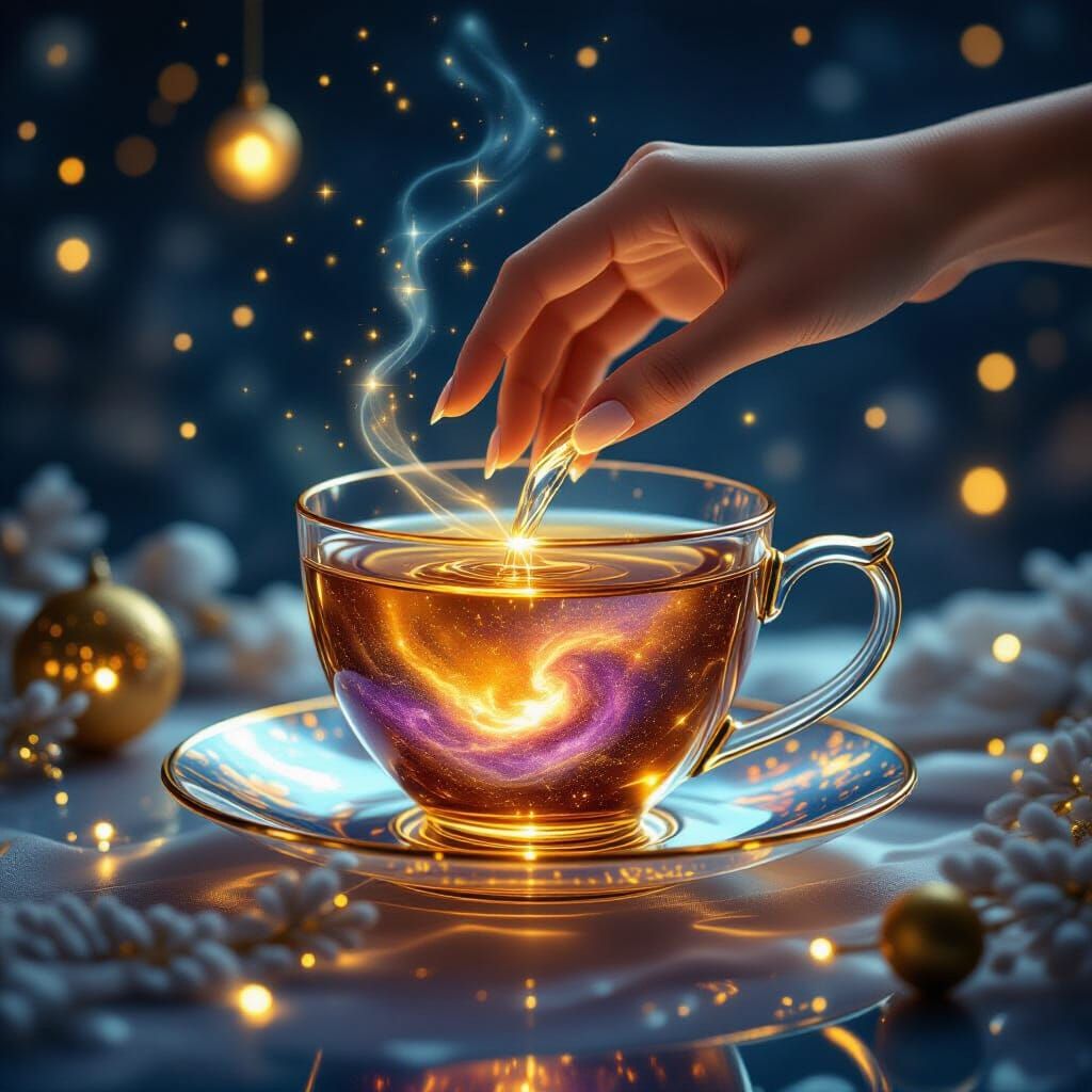 Golden Crystal Teacup in Cosmic Dreamscape