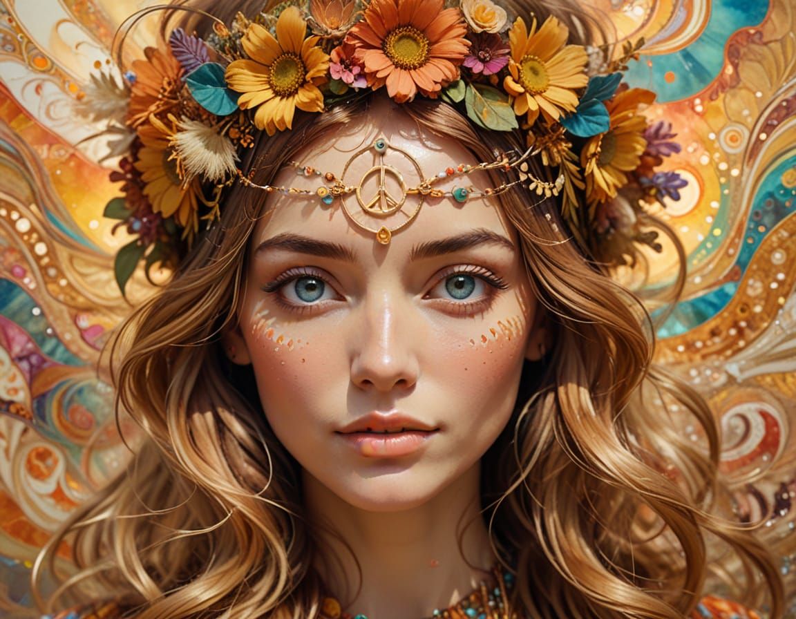 Dreamy Portrait of a 60s Hippie Girl