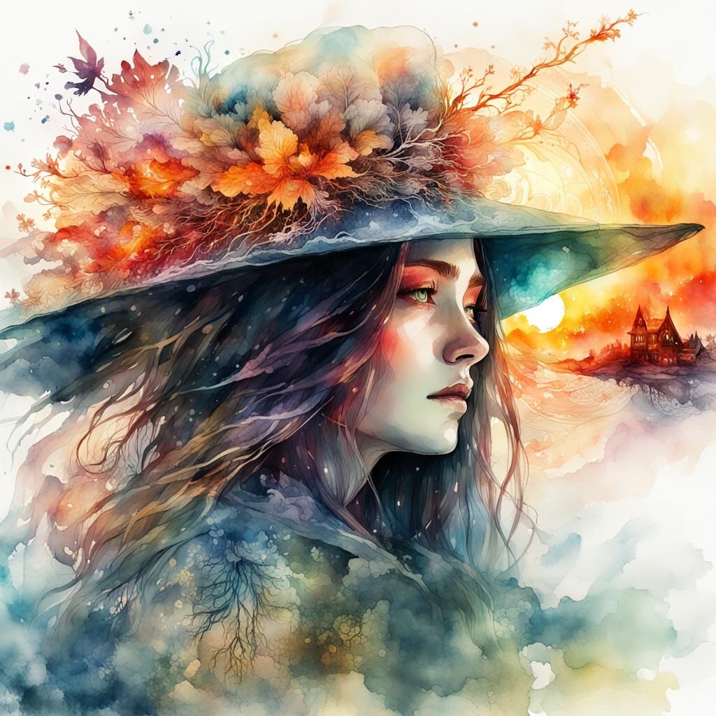 Fiery Witch Summerscape in Watercolor Style