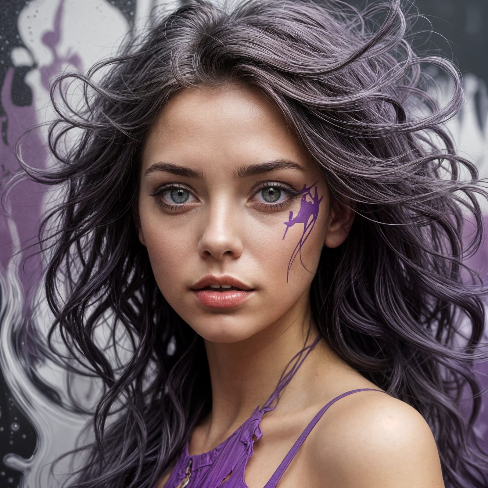 Surreal Half-Blood Goddess in Fuchsia Violet Robes with Silv...