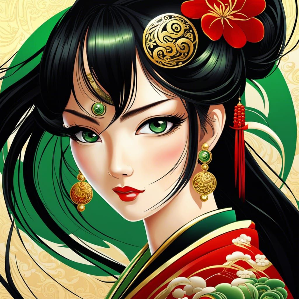 Anime Portrait: Woman with Jade Eyes in Red Kimono
