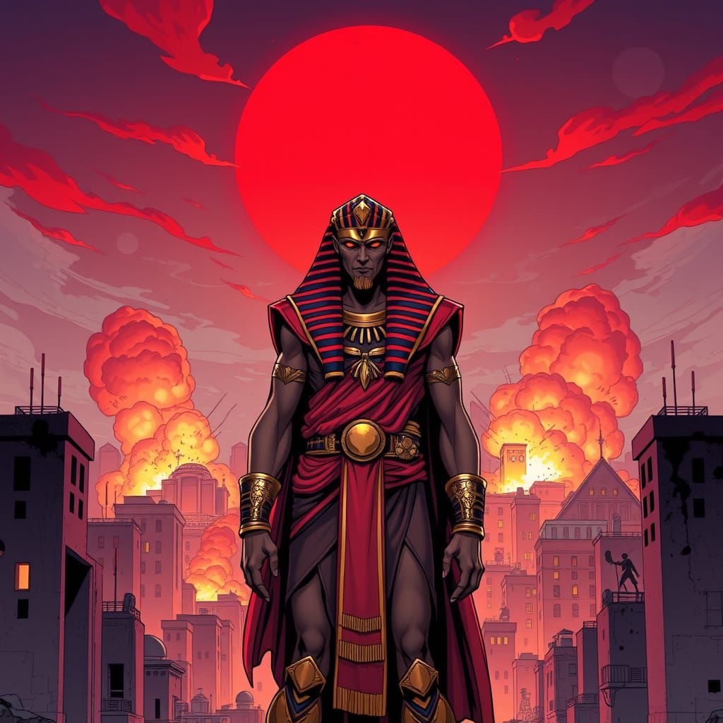 Ancient Egyptian God Casts Spell Amidst Explosive Cityscape