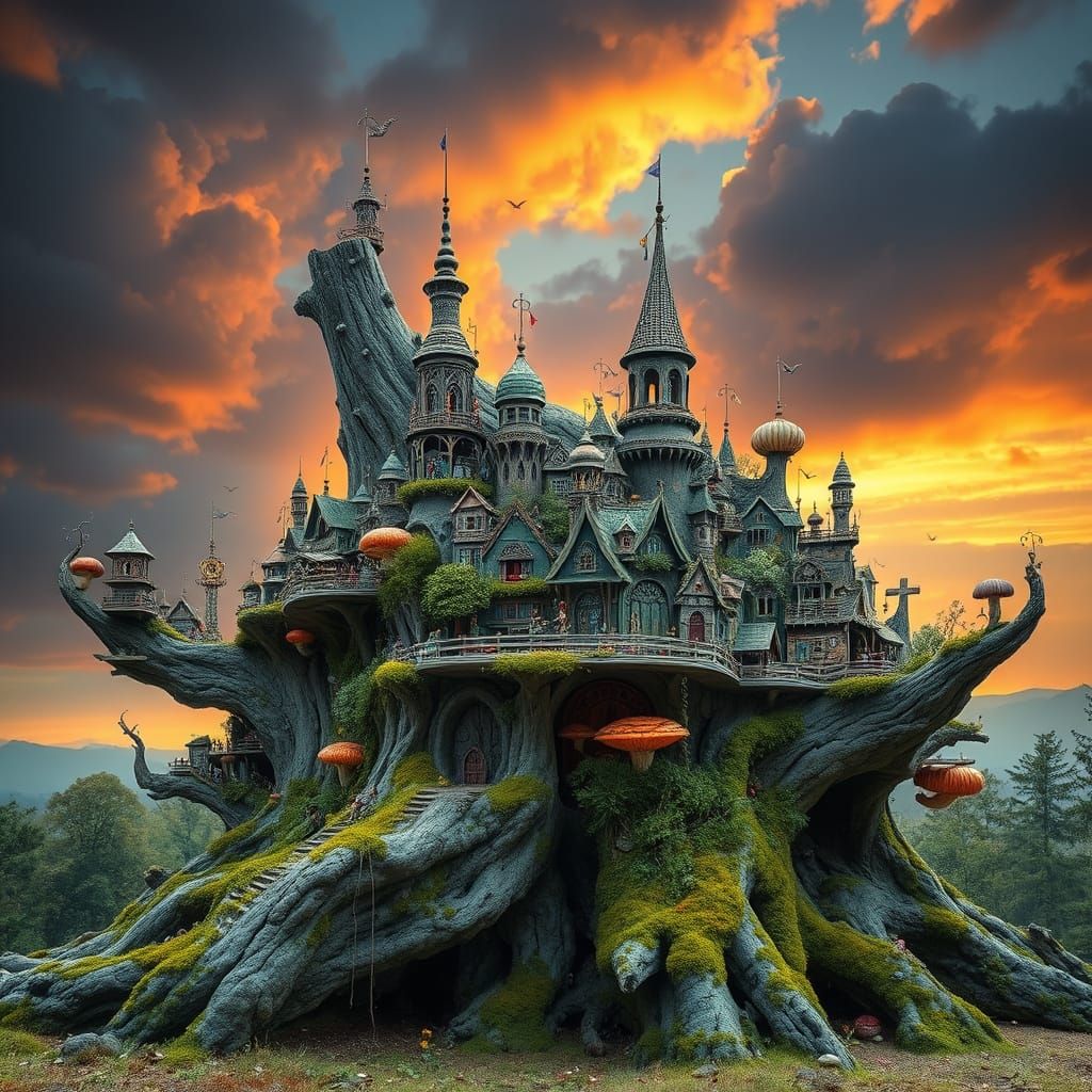 Ancient Tree Stump Metropolis Teeming with Life and Wonder