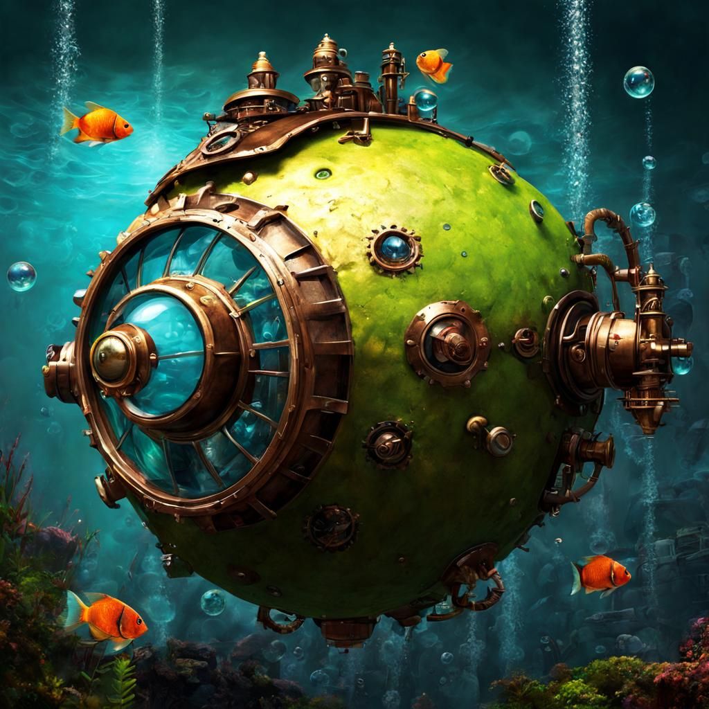 Steampunk Lime Submarine in Tropical Sea