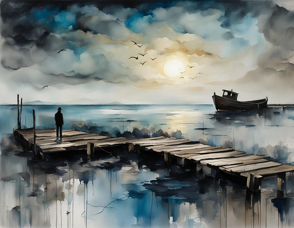 Desolate Dock: An Expressionist Mixed Media Painting
