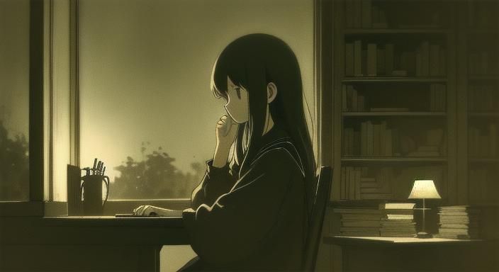 Cozy Study Room at Night in Chiaroscuro Style