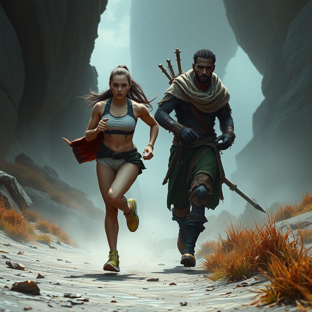 Ethereal Female Runner Pursues Enigmatic Male Figure in Myst...
