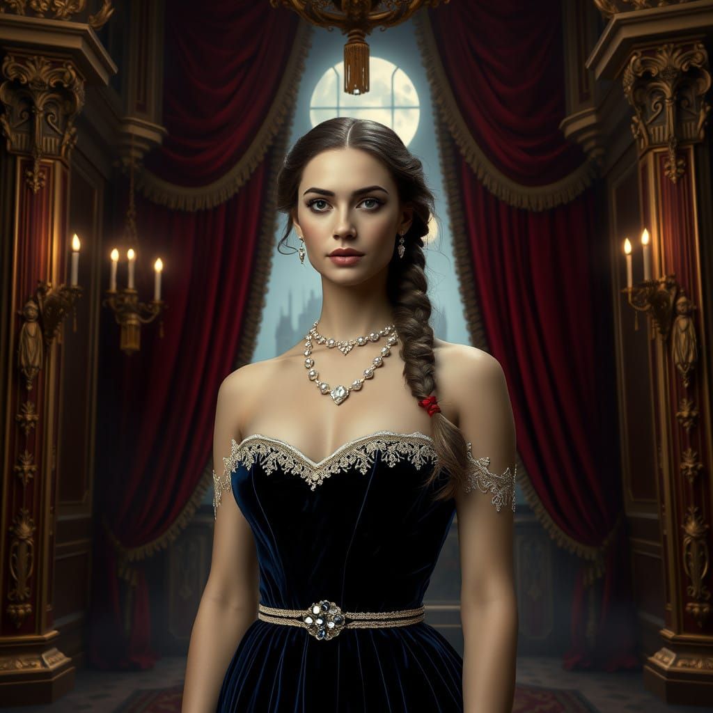 Enchanted Regal Woman in Gilded Grandeur with Mystical Castl...