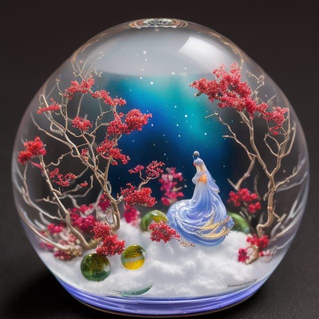 Snow Globe Scene in Anime Gouache Style