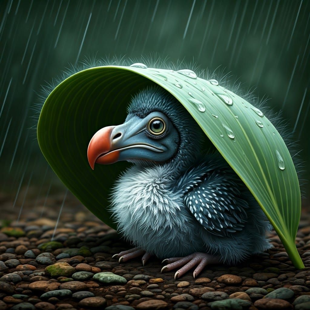 Fluffy Baby Dodo Finds Rainy Day Refuge