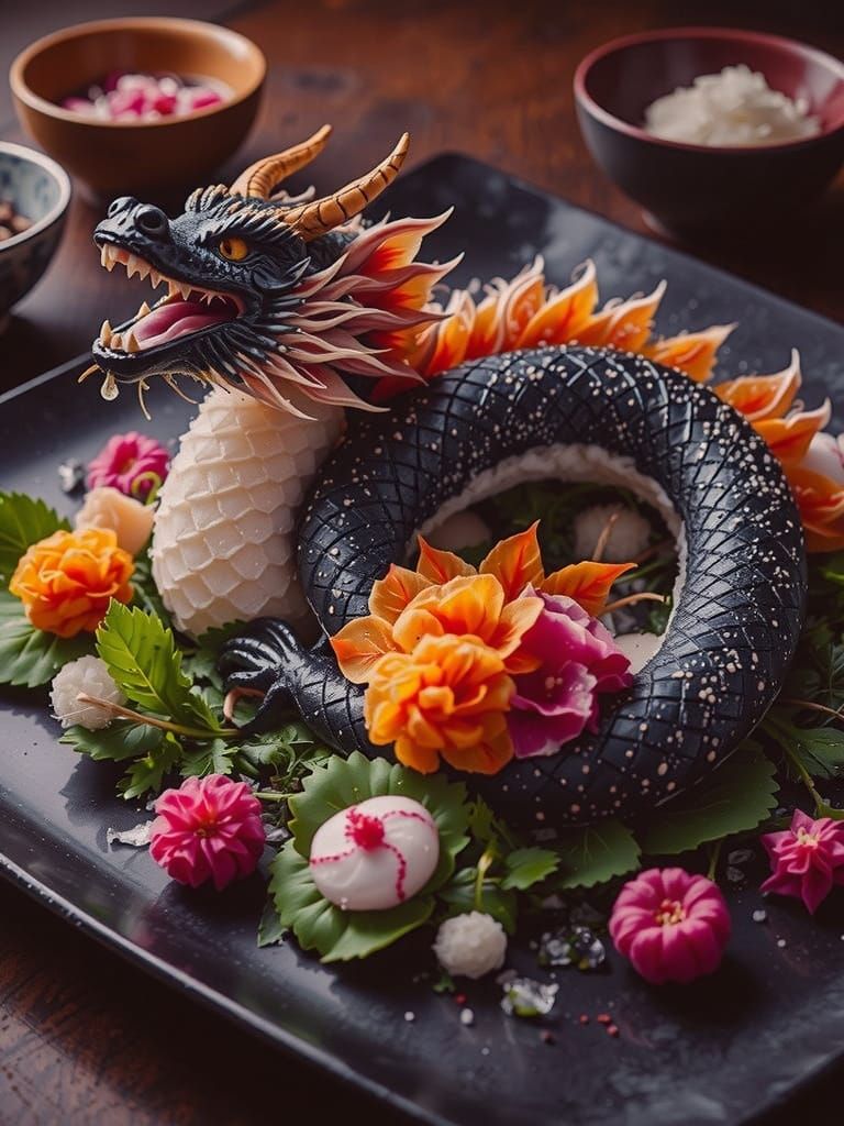 A dragon made out of sushi decoratively arranged on a sushi plate