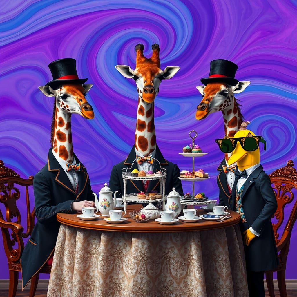 Giraffe Tea Party in Surrealist Psychedelic Style