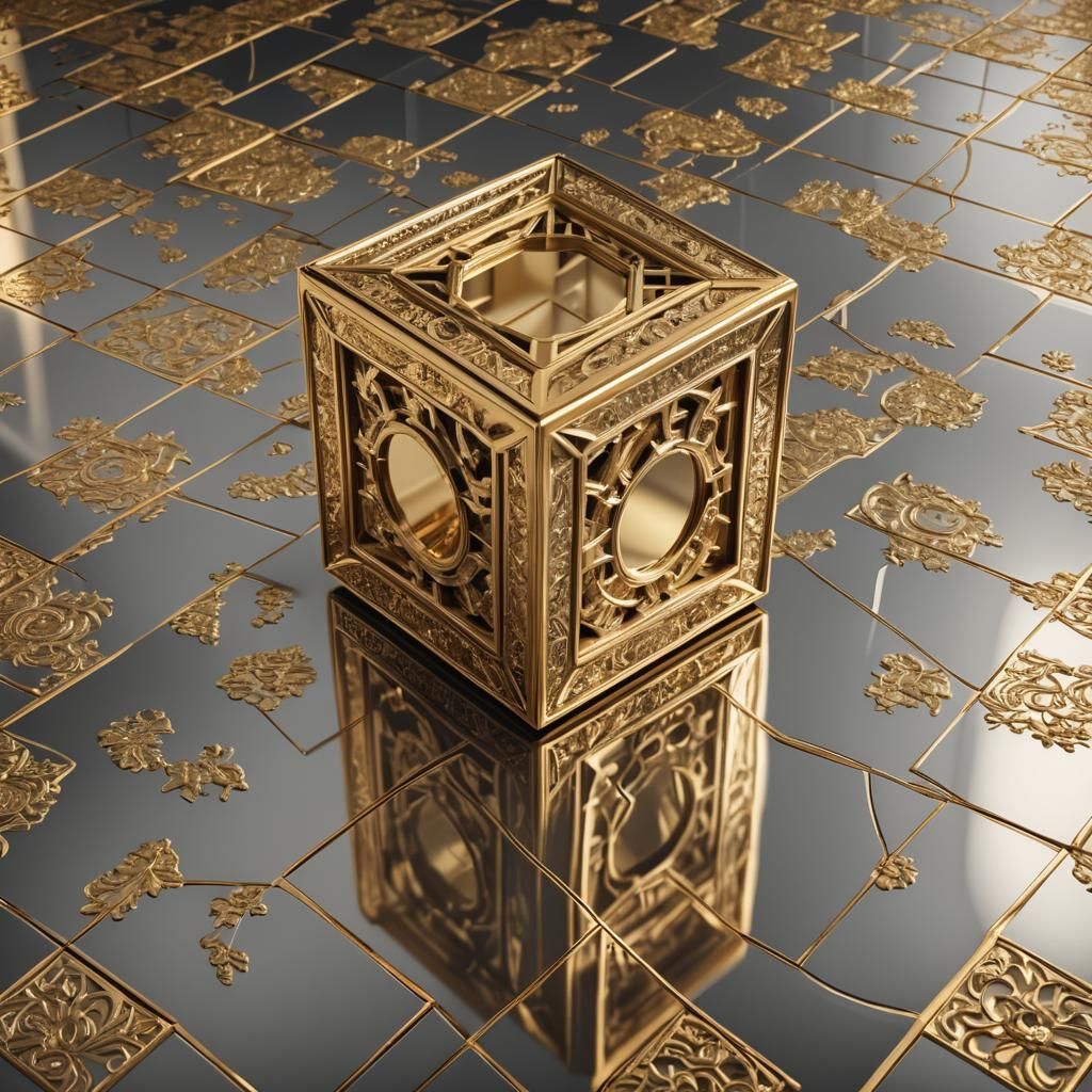 Golden Mirror Cube with Intricate Engravings