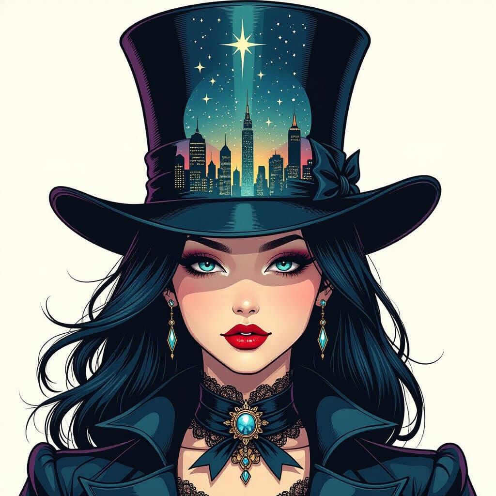 Gothic Woman in Mirrored Top Hat Reflecting Cityscape