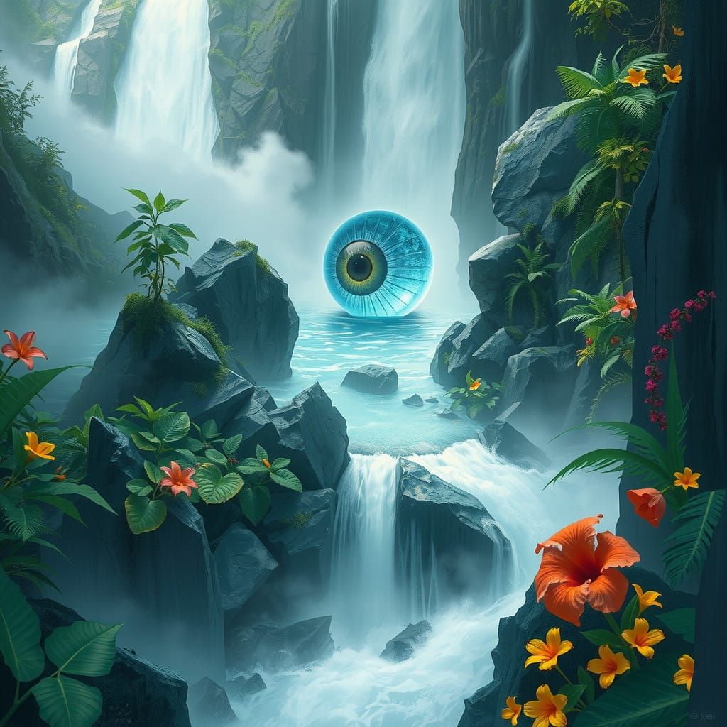Surrealist Waterfall Scene with Emerging Eye
