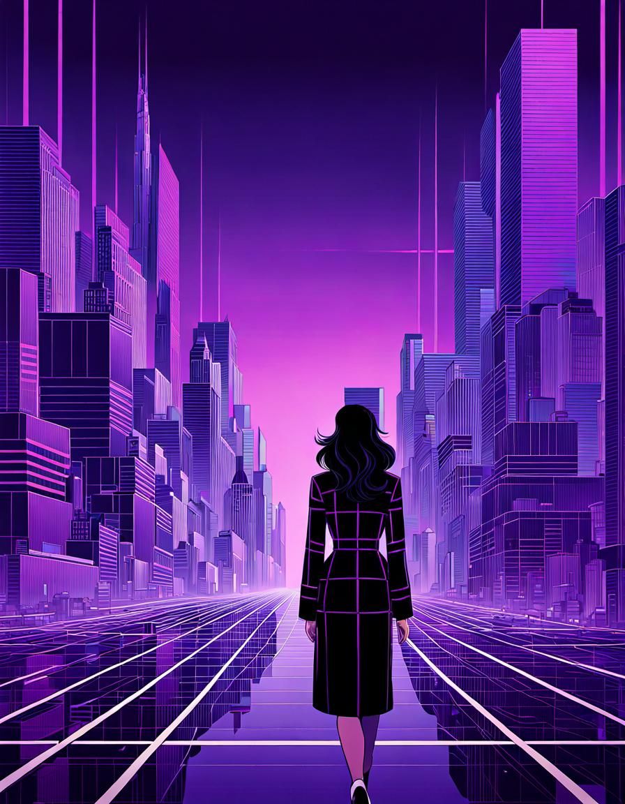 Vaporwave grid city made up of squares and lines with buildings created from the lines. In the middle goes a road made u...