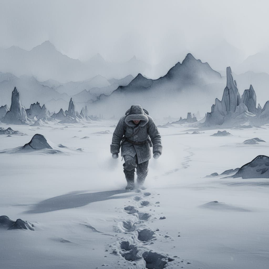 A frozen landscape, dreamlike with soft edges, but bitterly cold. A lone traveler shivers while trudging through the sno...
