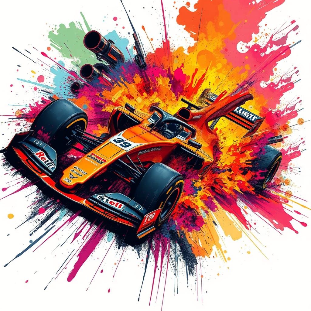 Formula 1 Car Disintegrating in Cyberpunk Graffiti Style