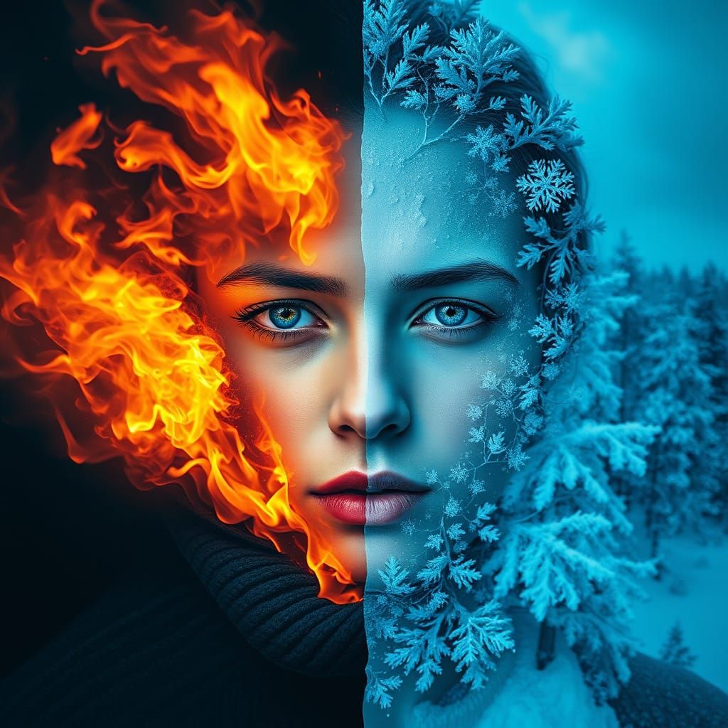 Photorealistic Portrait Balancing Fire and Ice