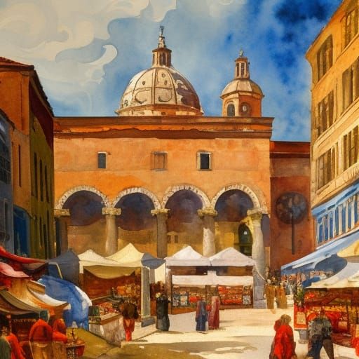 Roman Market Grand Entrance in Gouache Style