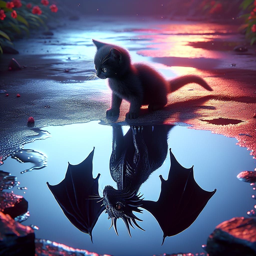 Kitten's Dragon Reflection in Fantasy Concept Art
