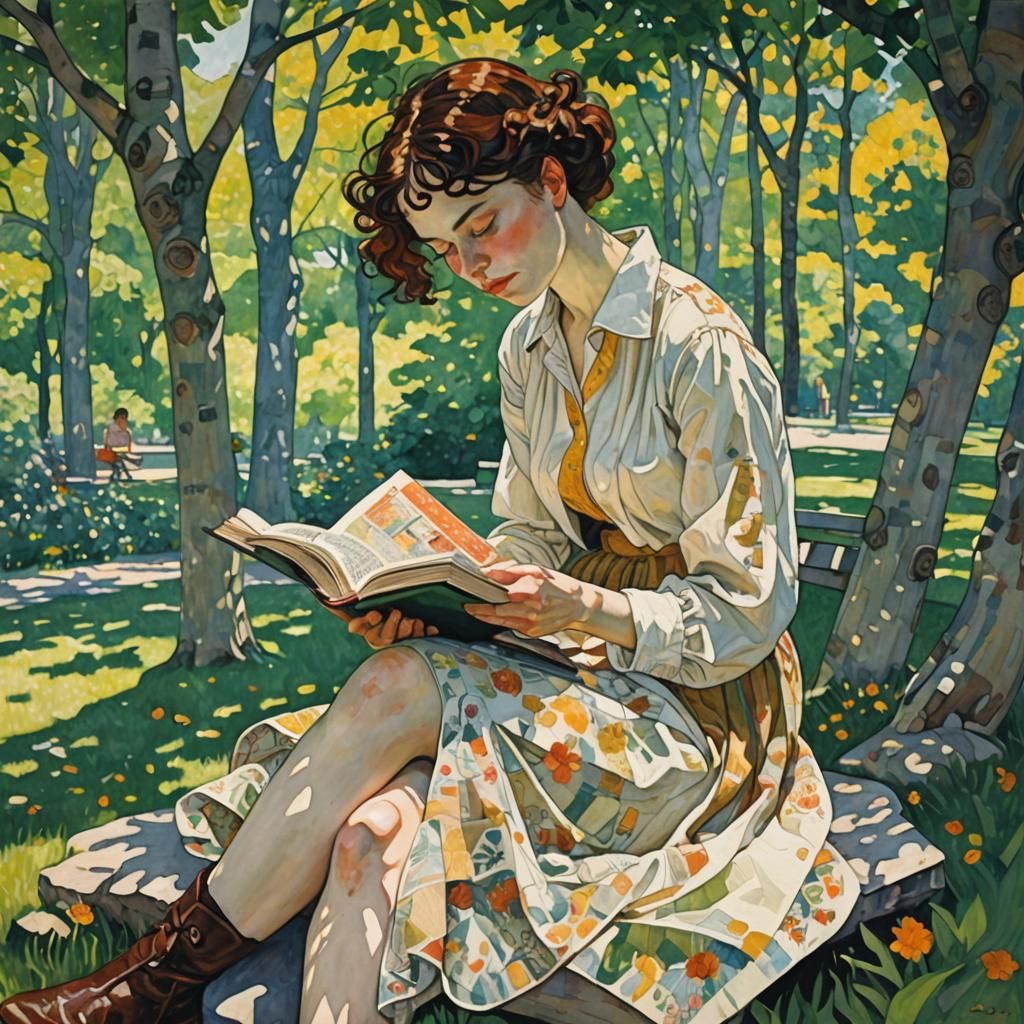 Girl Reading in Park: Expressionist Portrait