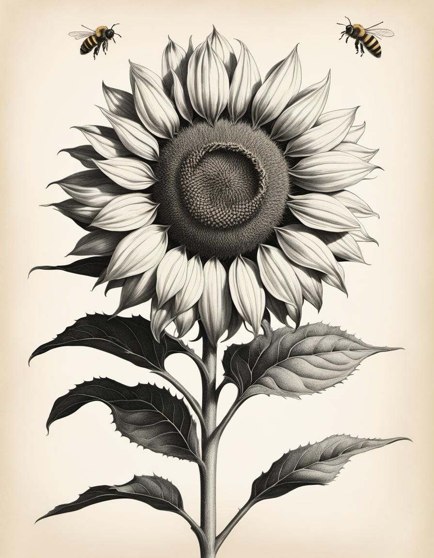 Vintage Pencil Sketch of Sunflower with Bee