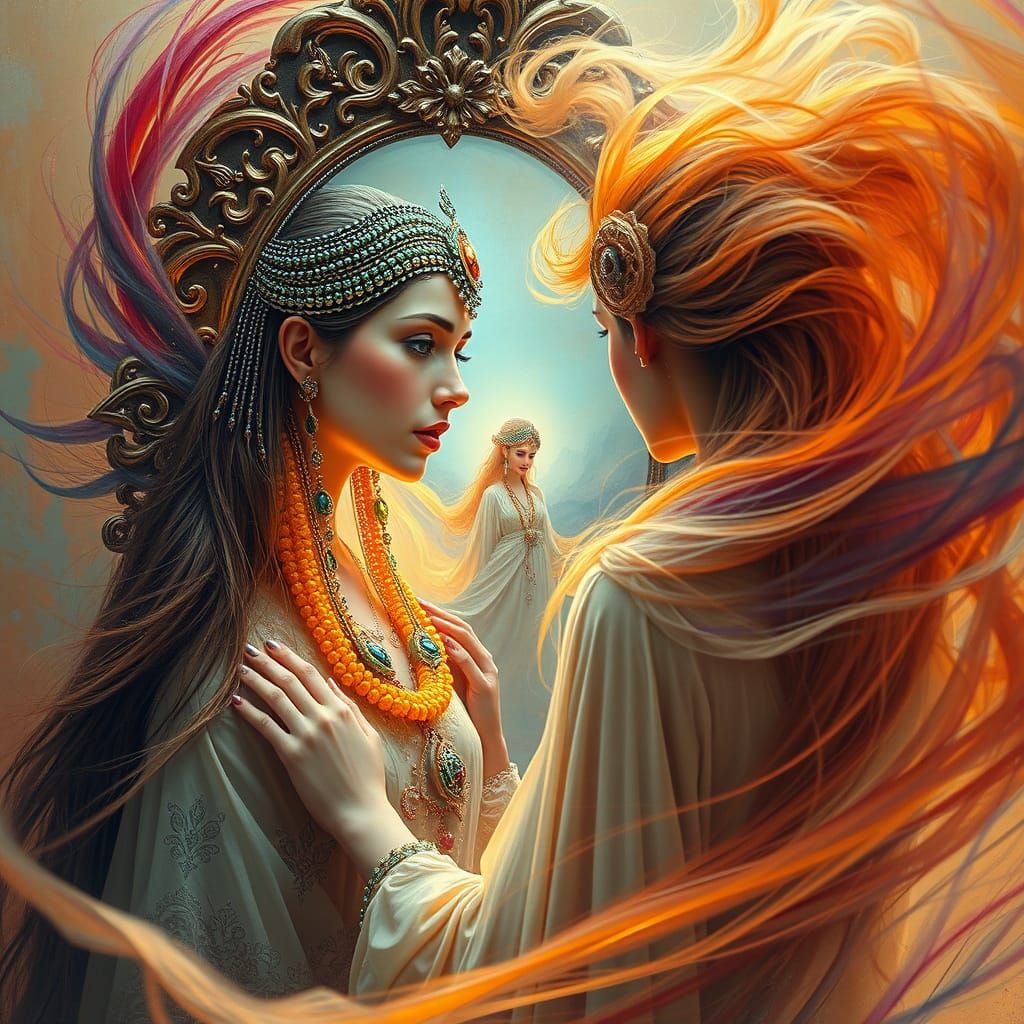 Woman Gazing into an Enchanted Mirror with a Desert Storm