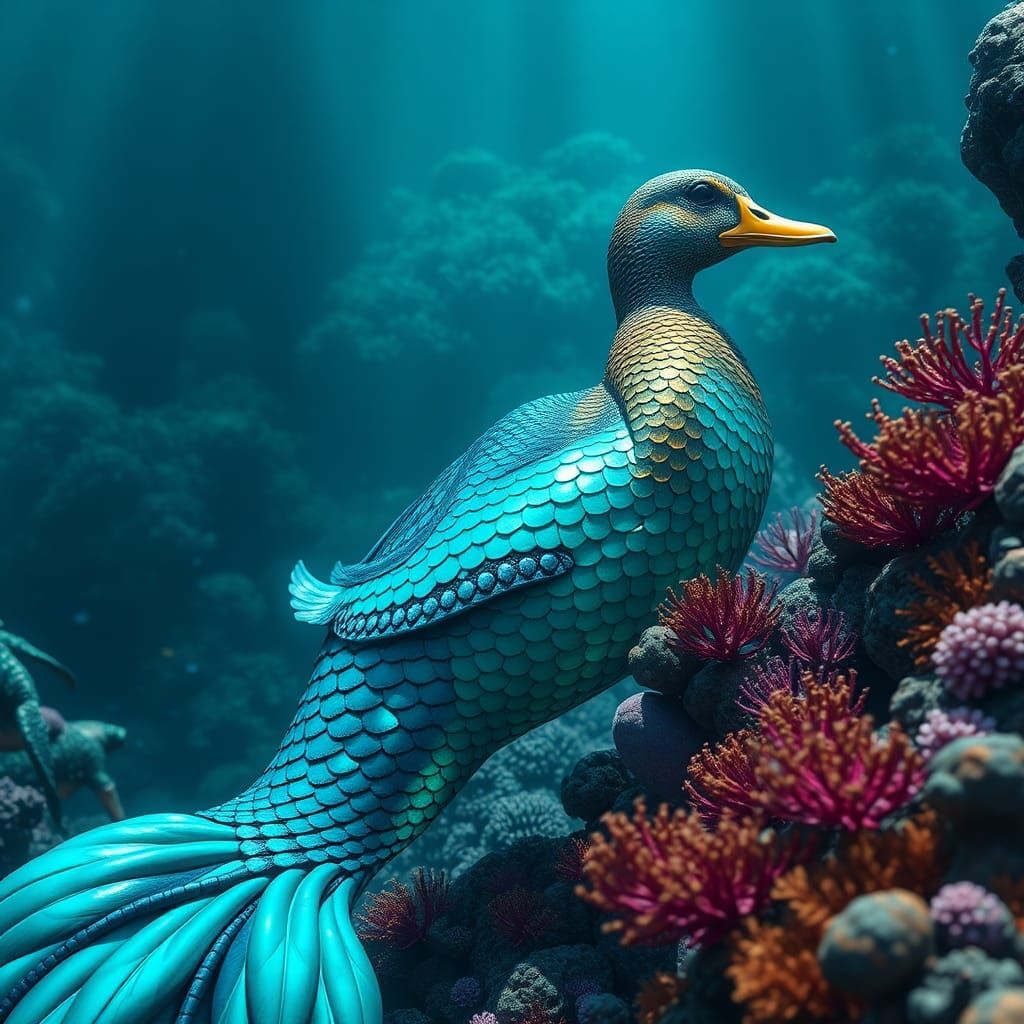 Majestic Merduck Swimming in Coral Reef