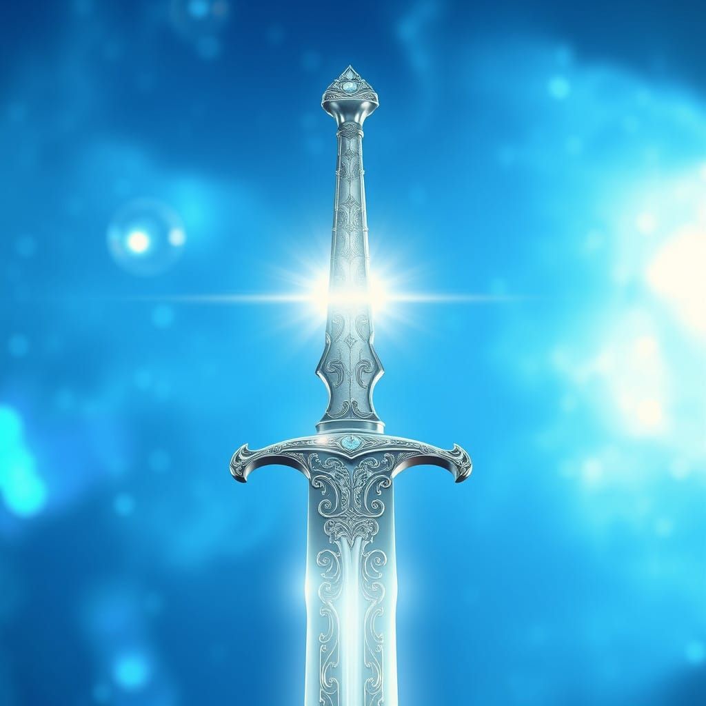 Surreal Silver Sword Radiates Holy Light on Iridescent Blue...