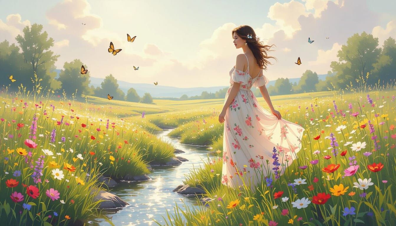 Woman in Meadow: Dreamy Watercolor Synthwave Art