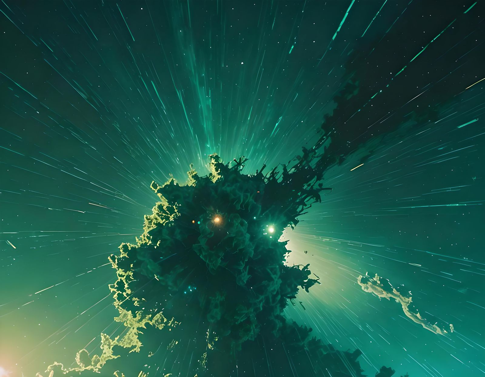 Abstract Green and Teal Solar System: Cinematic Still