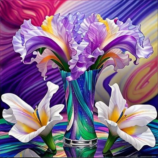 Crystalline Iris and Lily Field in Cubist Style