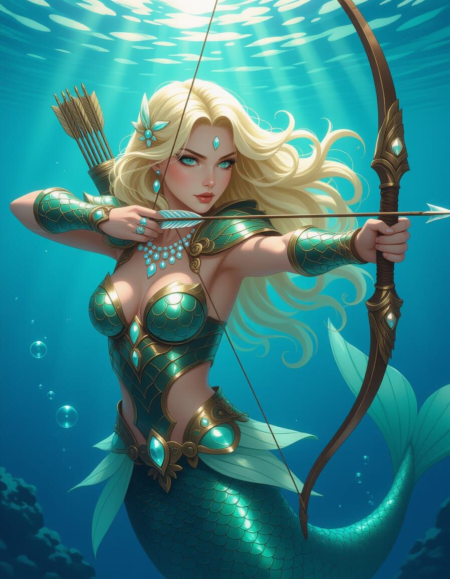 Mermaid Warrior with Pearl Armor in Digital Painting Style
