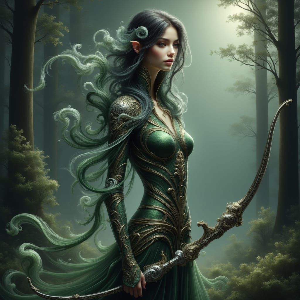 Ethereal Elf in Moonlit Forest, Embroidered Leather Armor