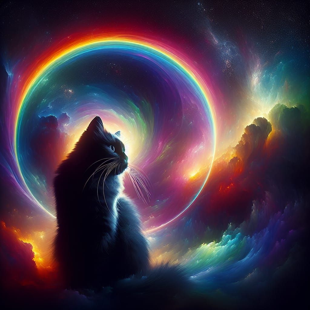 Rainbow Haloed Black Cat Fantasy Concept Art