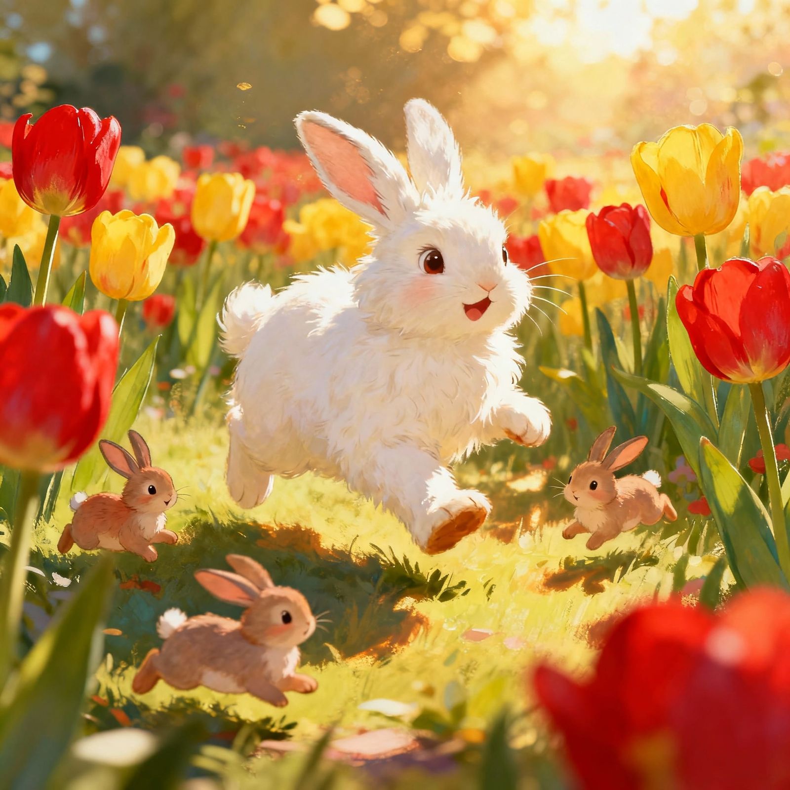 Fluffy Bunnies Play in Golden Hour Tulip Field