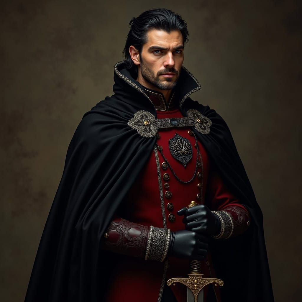 Lord Aric Blackthorn is a tall, imposing figure with sharp f...