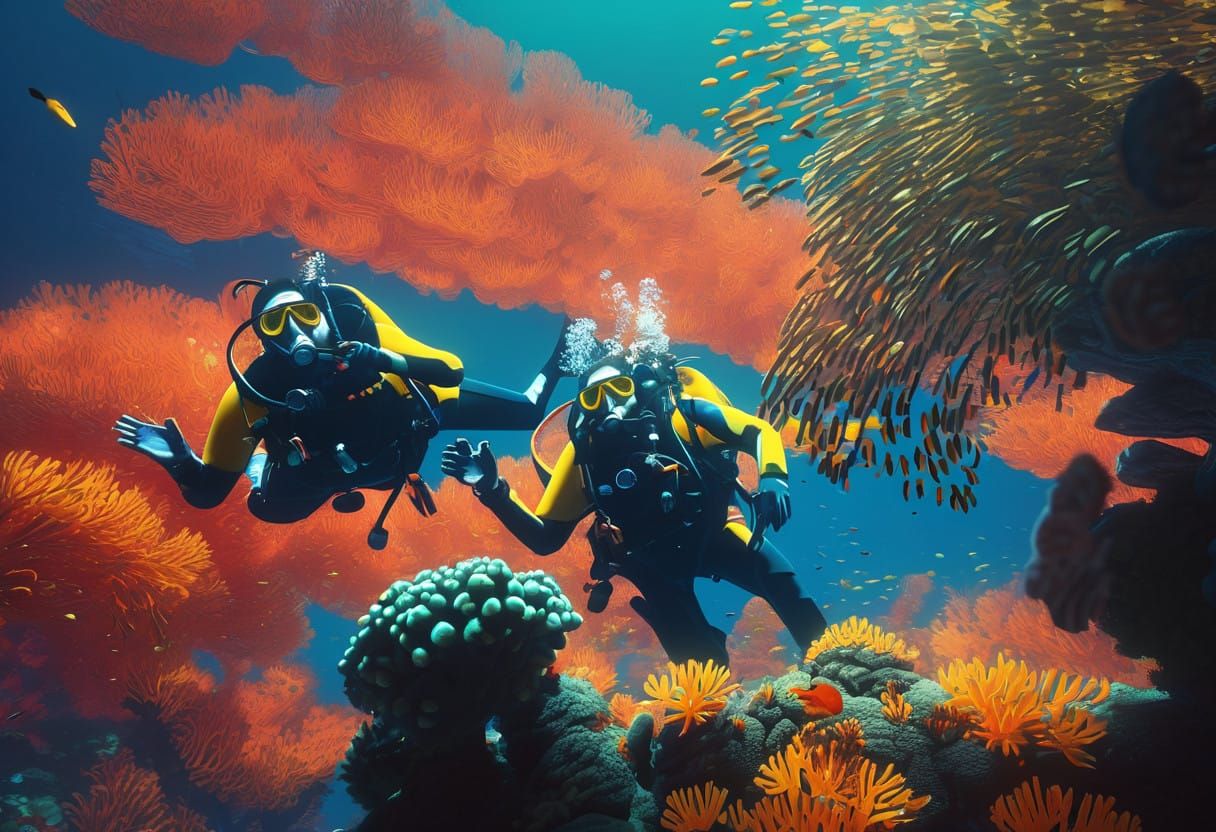 Divers in High-Tech Scuba Gear, Center-Framed, Amidst Vibran...