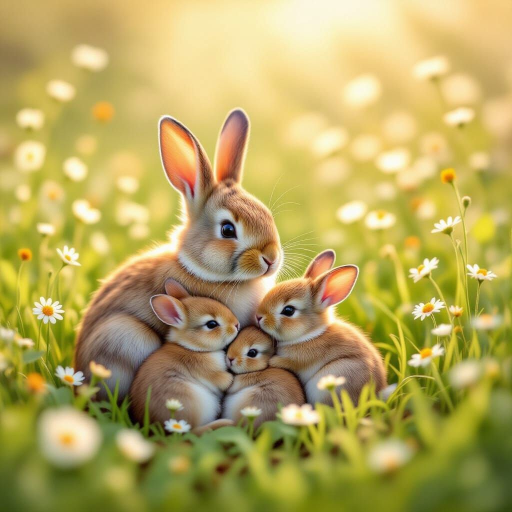 Mother Rabbit With Babies in Sunlit Meadow
