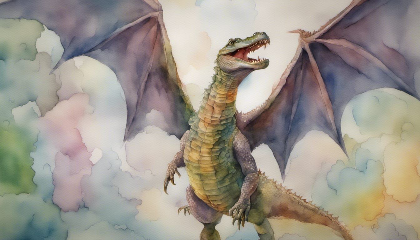 Rainbow Winged Crocodile in Watercolor Style