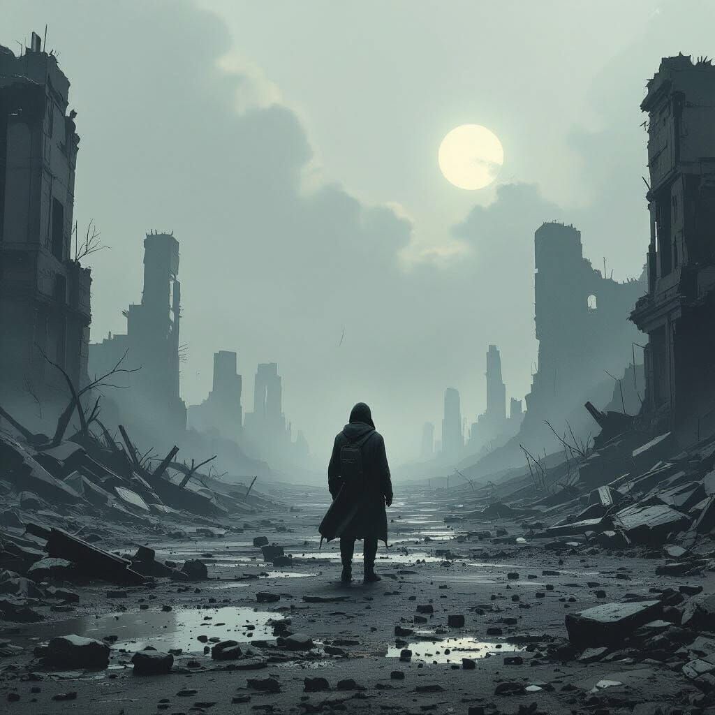 Desolate Figure in Post-Apocalyptic Ruins