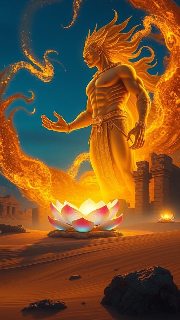 Surreal Golden Djinn in Majestic Sandstorm Oasis
