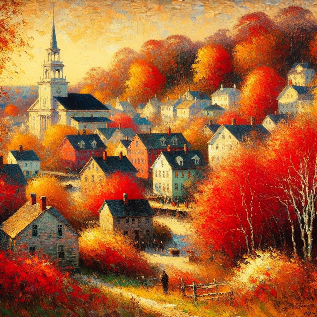 Impressionist Autumn Town in Rhode Island Painting