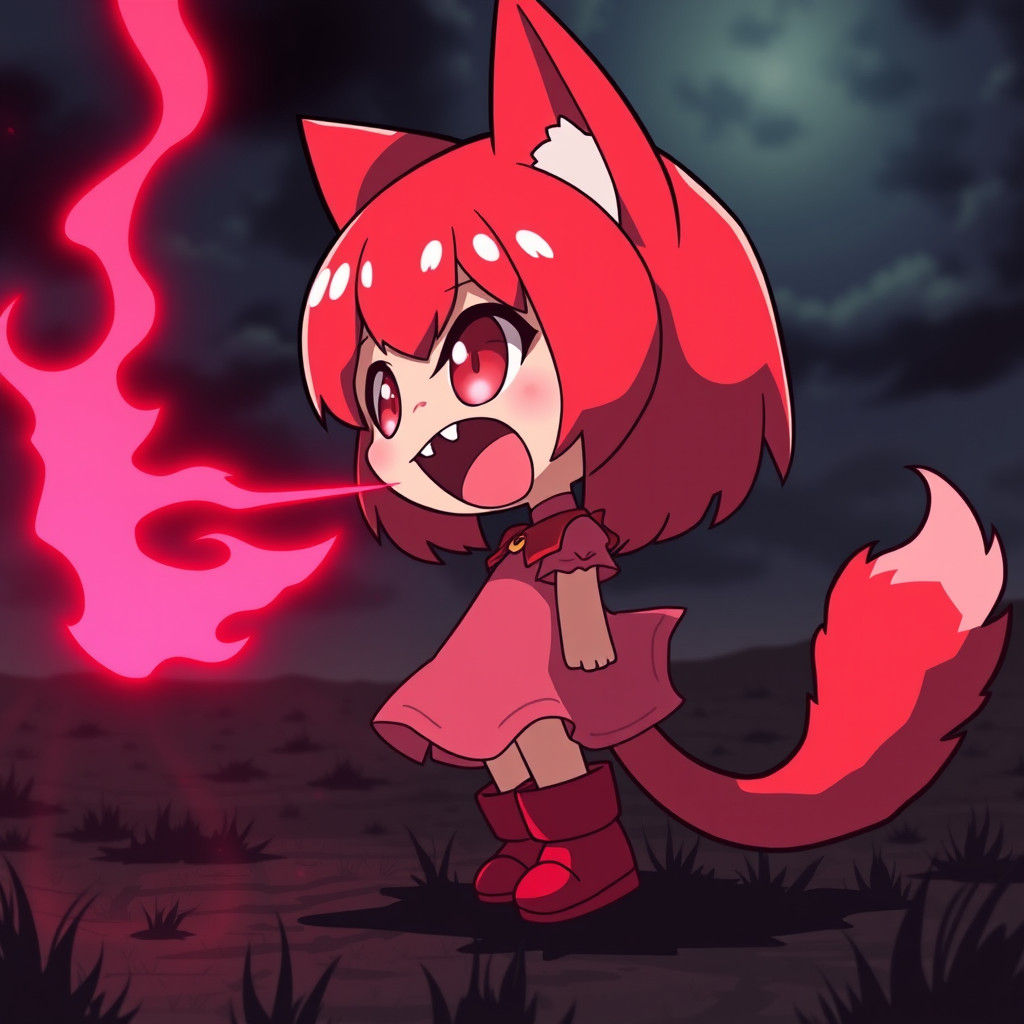 Chibi Catgirl Breathing Fire in Anime Style