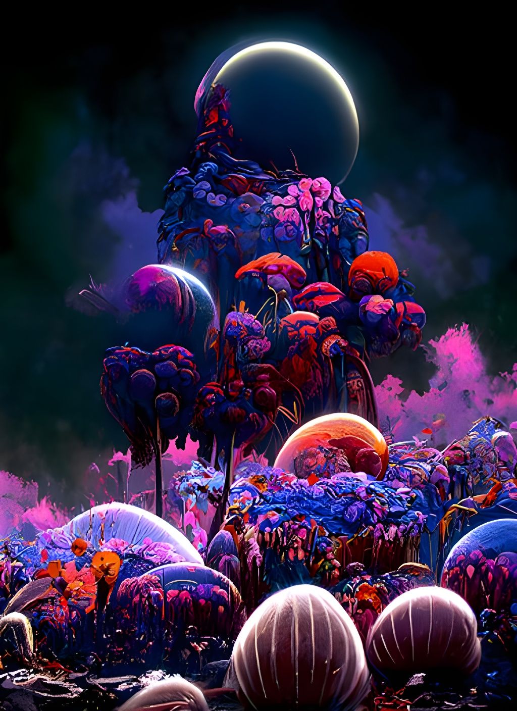 Mushroom Planet at Night: A Fantastical Digital Painting