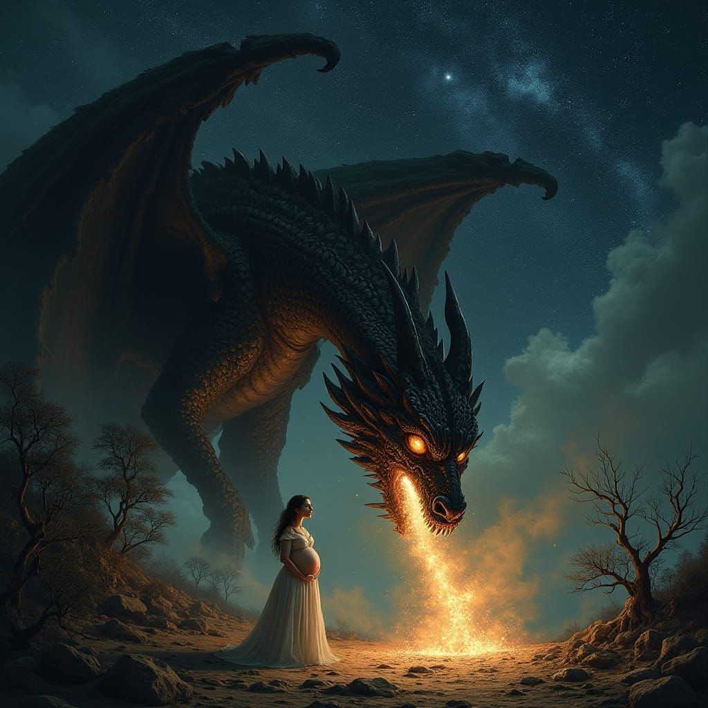 Cosmic Dragon Menaces Pregnant Woman in a Dark, Fantastical ...