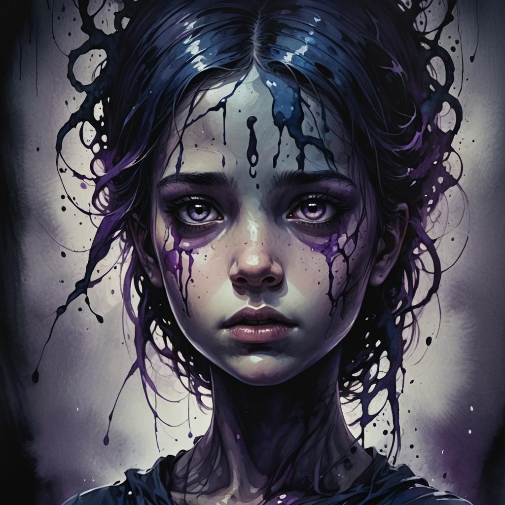 Eerie Dark Fantasy: Girl Engulfed in Ink
