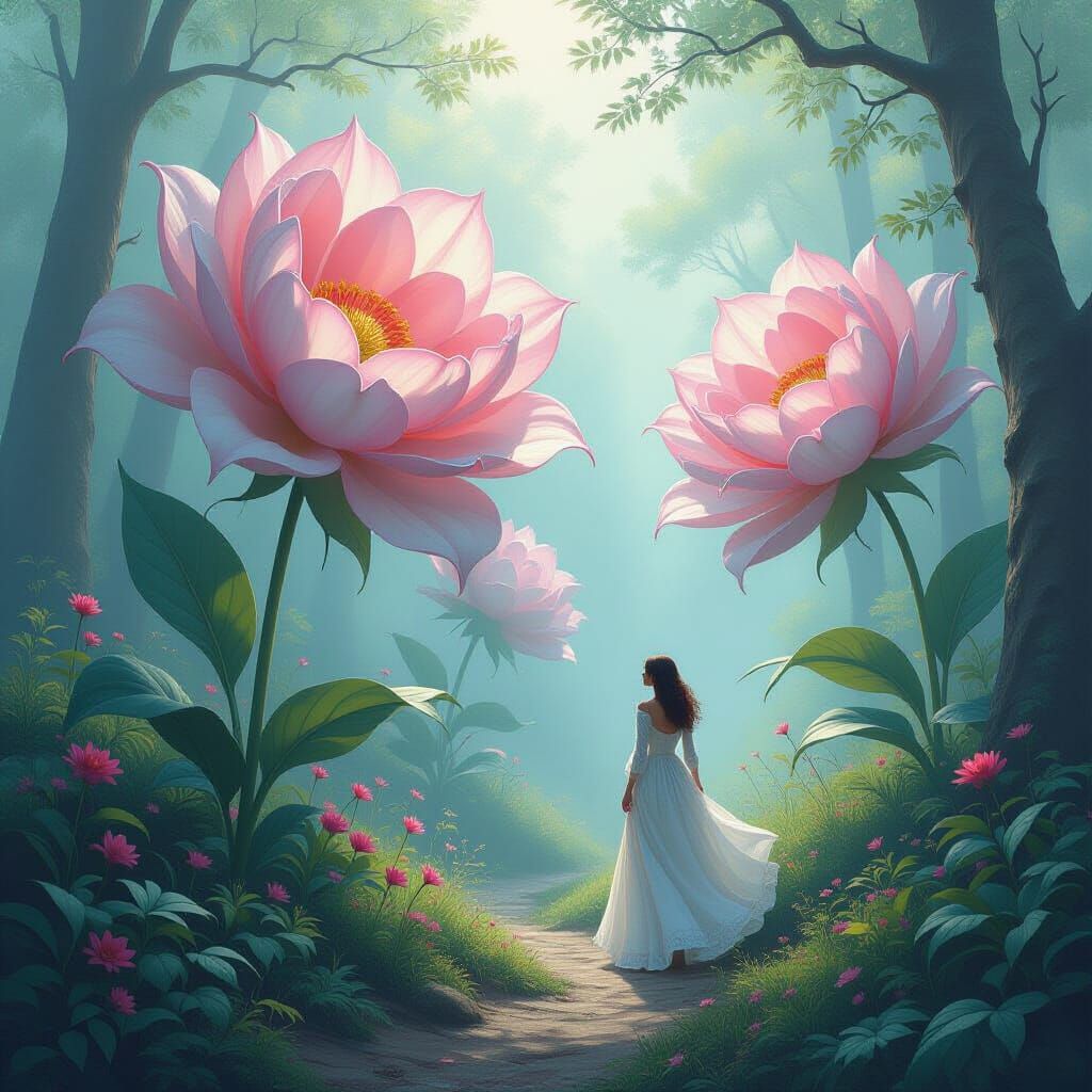 Giant Magical Flowers in Misty Forest, Ethereal Oil Painting