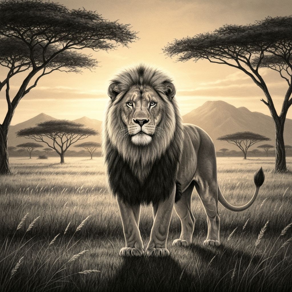 Majestic Lion in Savanna Sunset: Hyperdetailed Charcoal Draw...